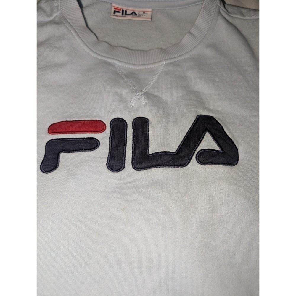 Vintage Fila Women's Large Light Blue Crewneck Sweatshirt With Stripes On Sleeve - Picture 2 of 6